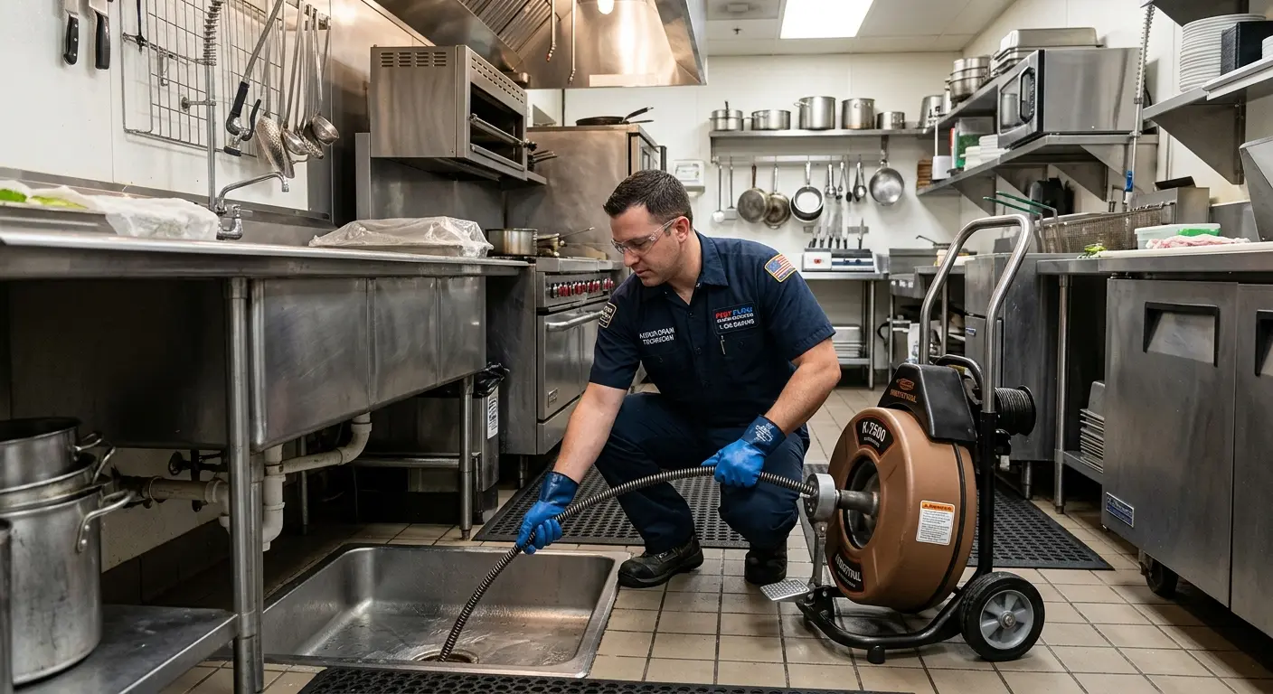 Commercial drain cleaning service in a restaurant kitchen in Woodland Park