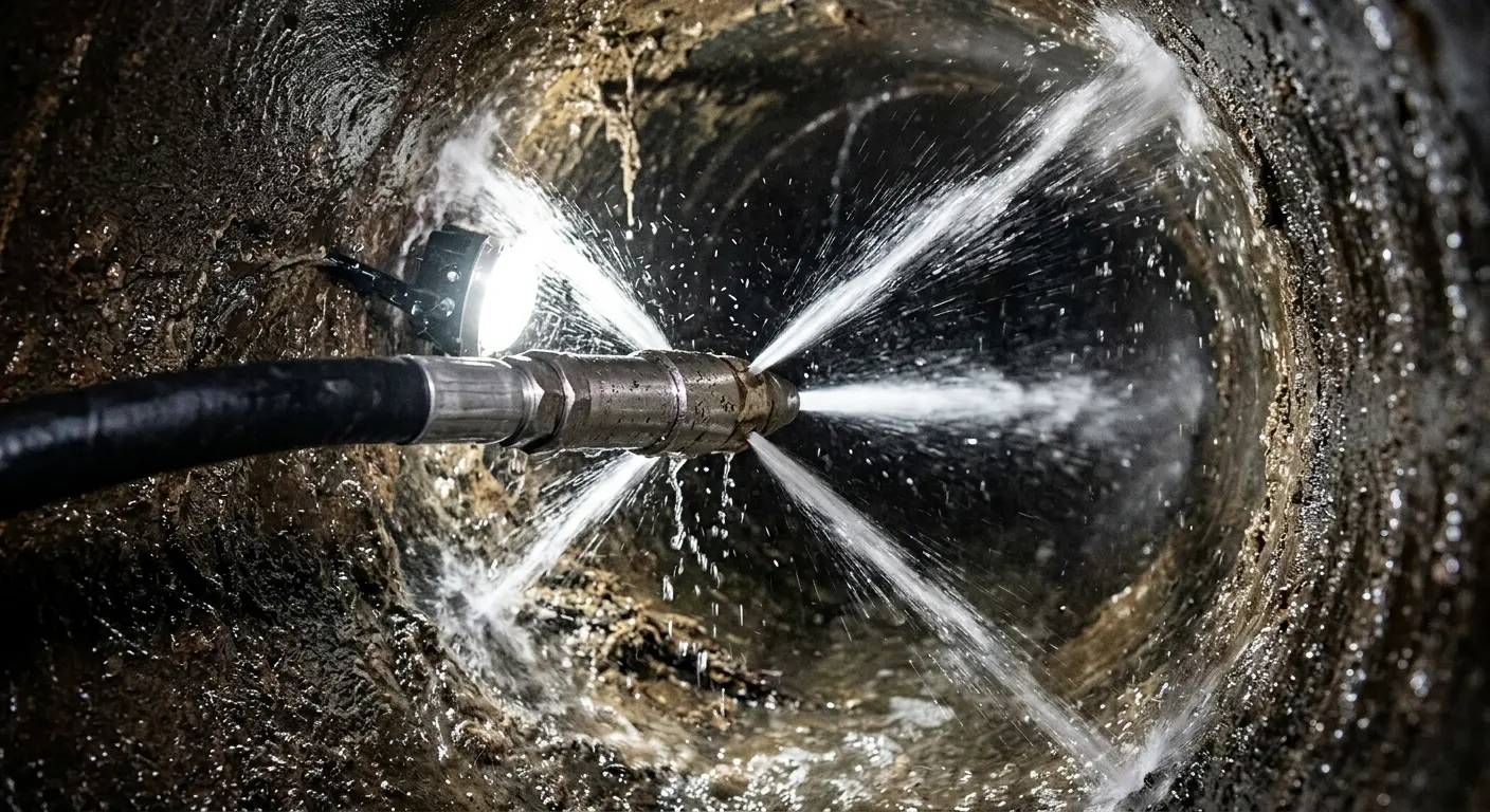 High-pressure hydro jetting nozzle cleaning sewer pipe for Trenchless Sewer Repair in Woodland Park