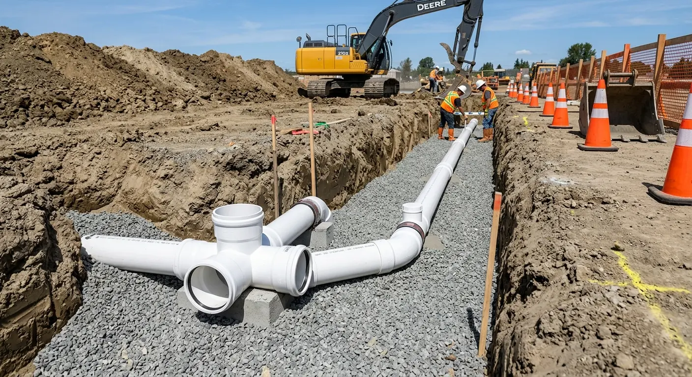 New PVC sewer pipe installation in open trench for Grease Trap Cleaning in Woodland Park