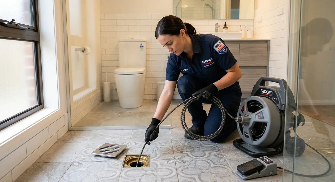 Technician clearing a bathroom floor drain for Sewer Line Replacement in Woodland Park